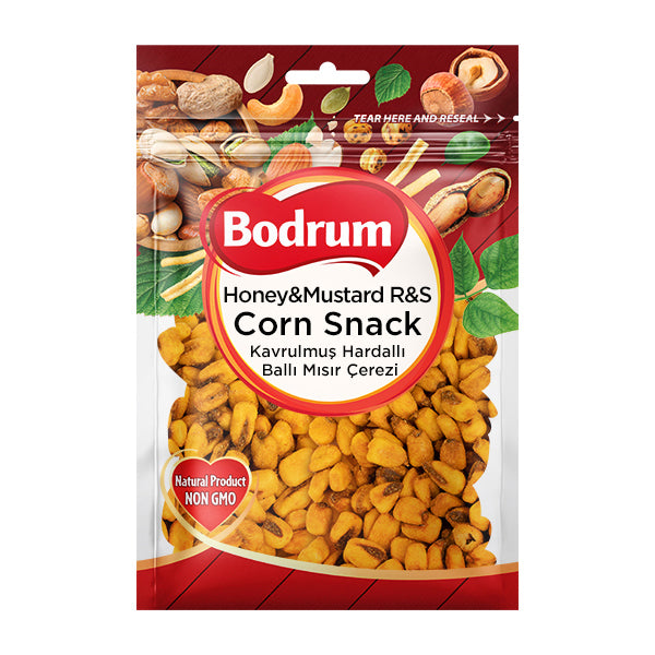Packaging of Bodrum Honey & Mustard R&S Corn Snack with a red background and visible corn snacks.