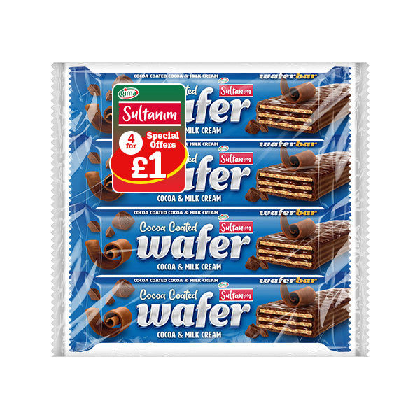 Packaging of Sultanum cocoa-coated wafer bars with promotional offer on a white background