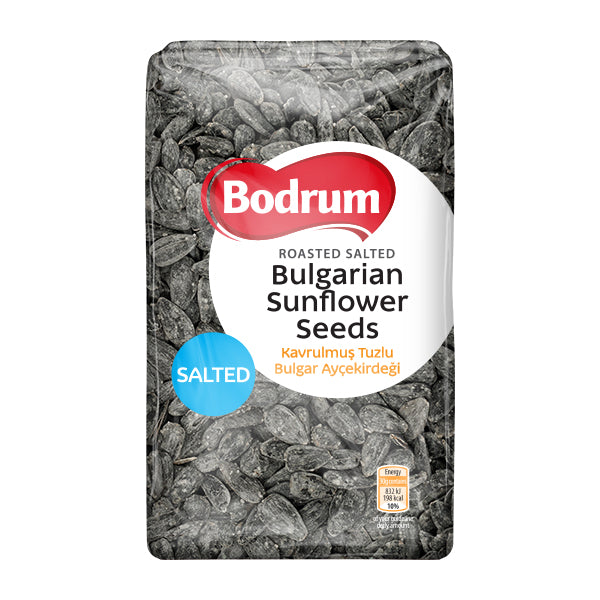 Packaging of Bodrum roasted salted Bulgarian sunflower seeds on a white background