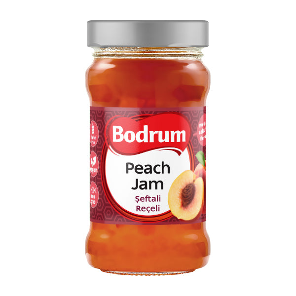 Jar of Bodrum Peach Jam on a white background