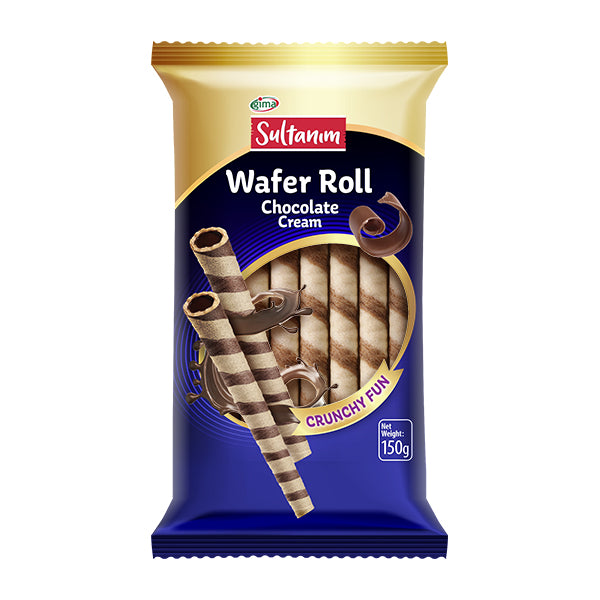 Packaged wafer roll with chocolate cream on a white background