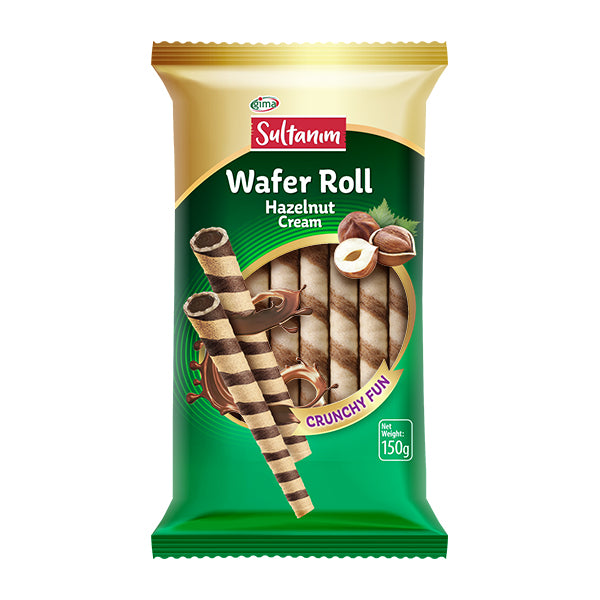 Packaged wafer roll with hazelnut cream on a white background