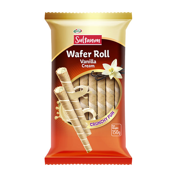 Packaged wafer roll with vanilla cream flavor on a white background