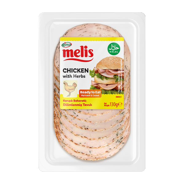 Packaged chicken with herbs by melis on a white background