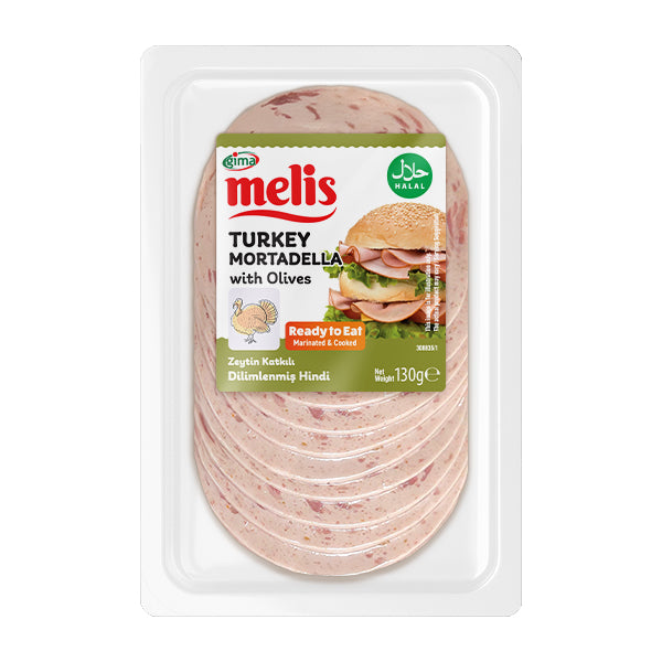 Packaged turkey mortadella with olives by Melis on a white background