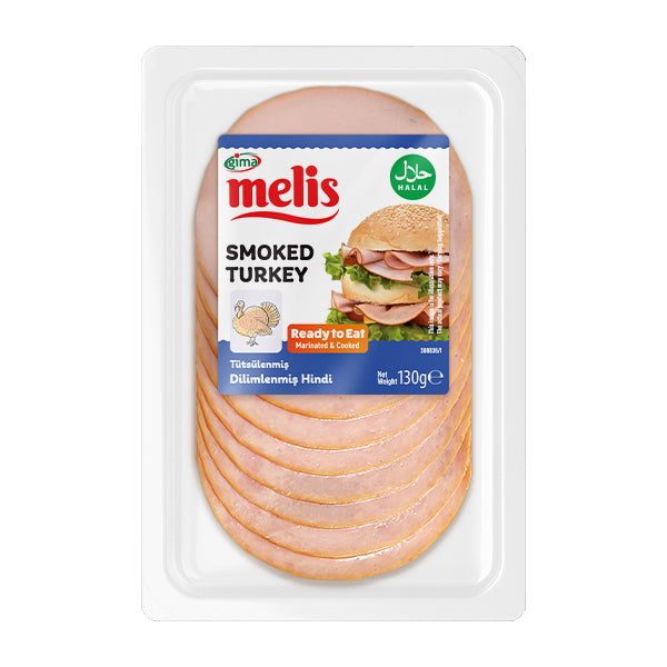 Packaged smoked turkey with Melis branding on a white background