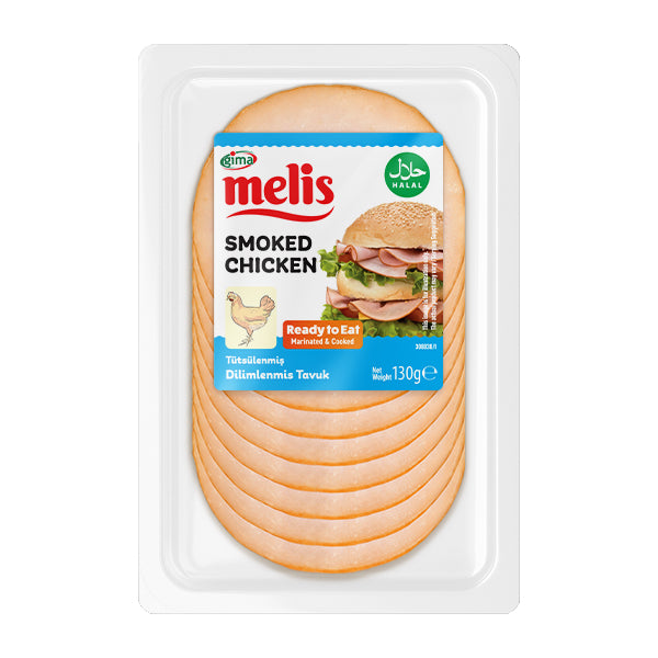 Packaged smoked chicken slices with Melis branding on a white background