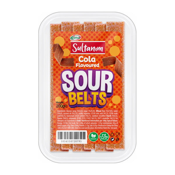 Packaged Sour Belts with Cola Flavour on an orange background