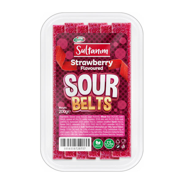 Pack of Sultanim Strawberry Flavoured Sour Belts on a white background