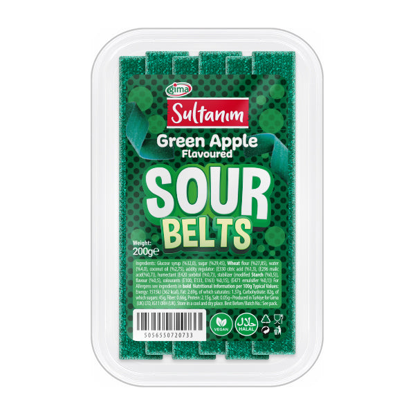 Pack of Sultanim Green Apple Flavoured Sour Belts on a white background