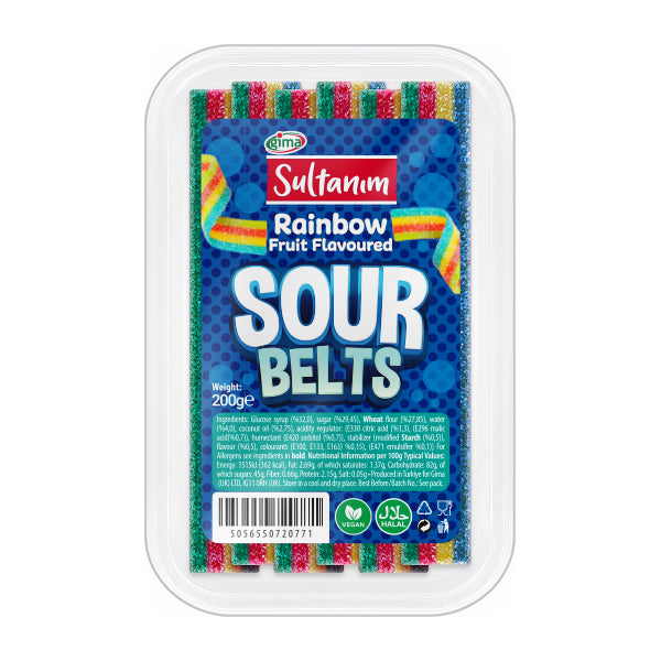 Packaging of Sultanam Rainbow Sour Belts on a white background