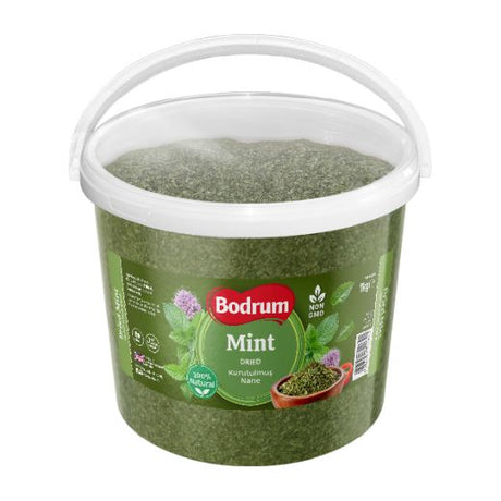 Green container of Bodrum Mint with a white lid on a white background