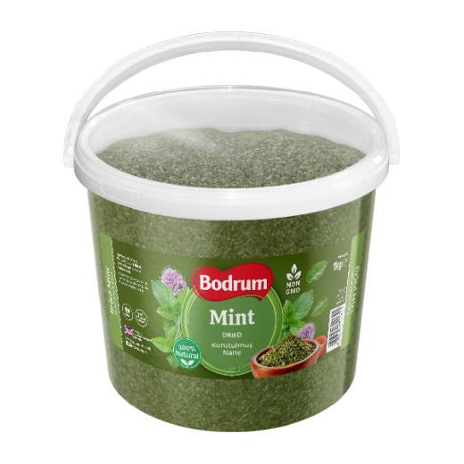 Green container of Bodrum Mint with a white lid on a white background