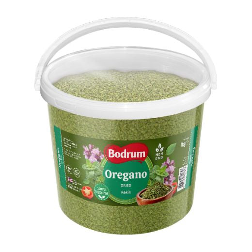 Green container of oregano with Bodrum brand label on a white background