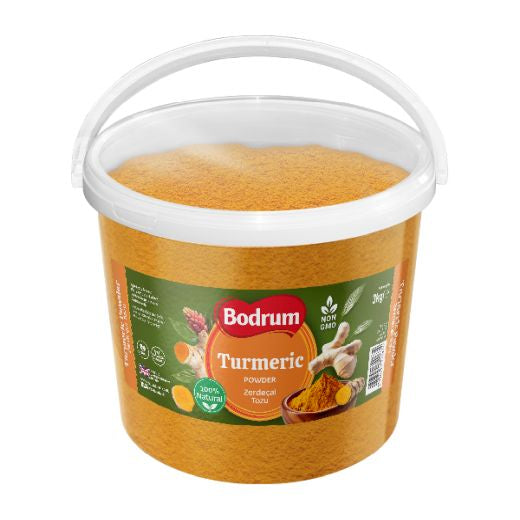 Bucket of Bodrum turmeric powder on a white background