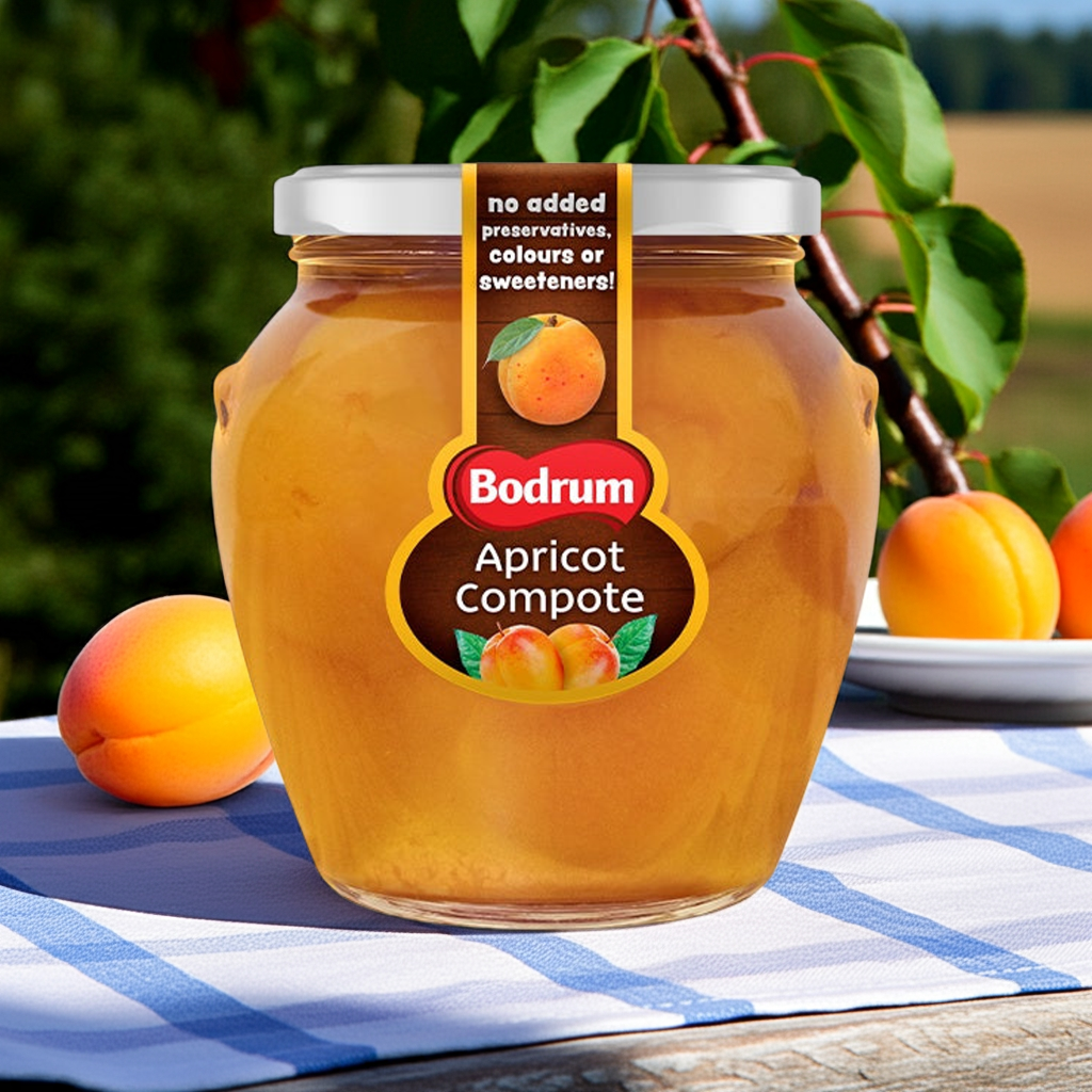 Bodrum-apricote-compote-jar-on-the-table-apricote-tree-background-and sunny