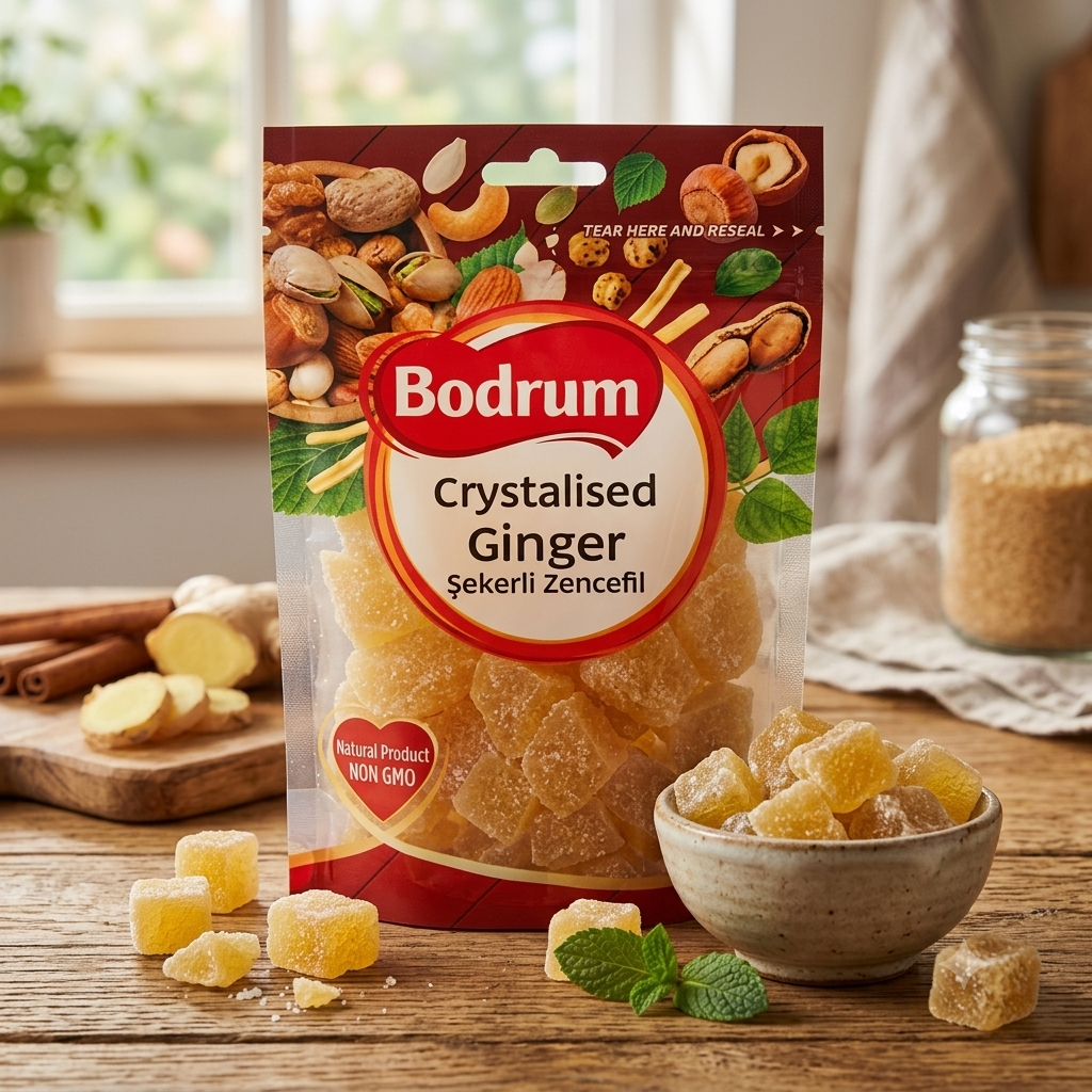 A package of Bodrum Crystallised Ginger sugar cubes stands on a wooden table with ginger pieces, mint leaves, cinnamon sticks, and a small bowl of the product in a warm kitchen setting.