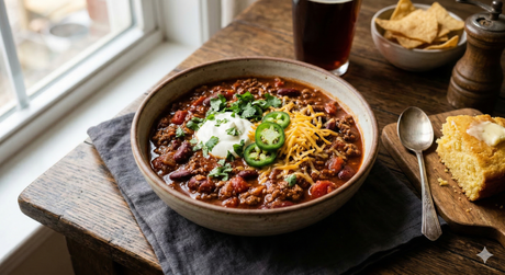 A rustic cast iron pot filled with rich, dark red chilli con carne, garnished with a dollop of sour cream, fresh cilantro, and sliced jalapeños.