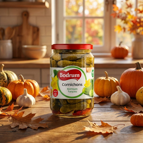 Assorted traditional Turkish pickles in jars, including gherkins, hot peppers, and mixed vegetables – authentic Mediterranean preserved foods