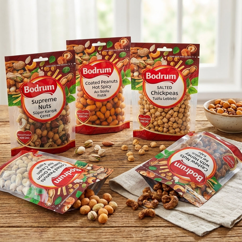 Bodrum Nuts Collections banner-walnut, turkish pistachio, roasted almonds, peanuts, cashew nuts, hazelnuts on the table