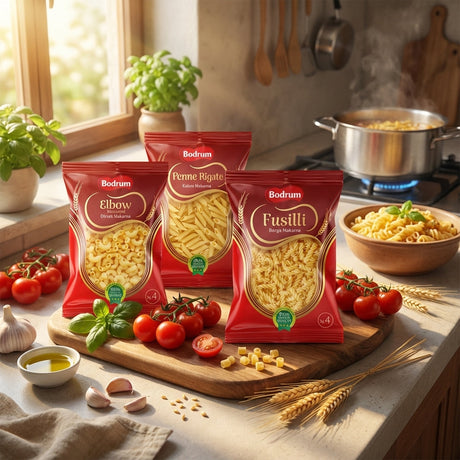 Bodrum Pasta selection with spaghetti, penne, and Mediterranean pasta varieties