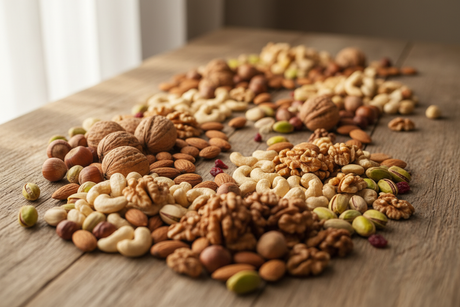 Bodrum Nuts Collections banner-walnut, turkish pistachio, roasted almonds, peanuts, cashew nuts, hazelnuts on the table