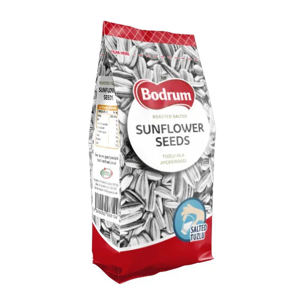 Bag of Bodrum sunflower seeds on a white background