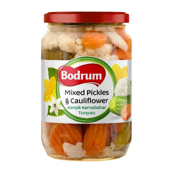 Jar of Bodrum mixed pickles and cauliflower on a white background