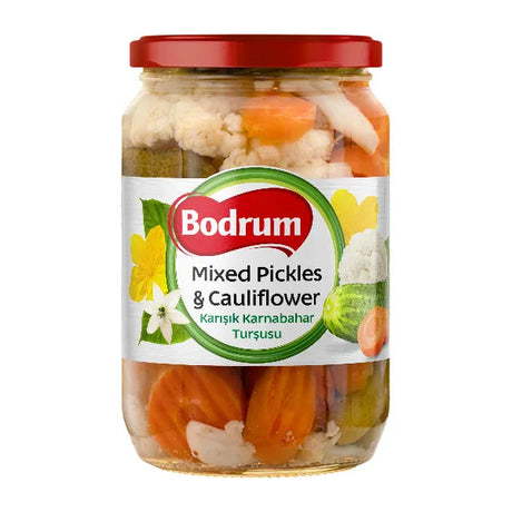 Jar of Bodrum mixed pickles and cauliflower on a white background