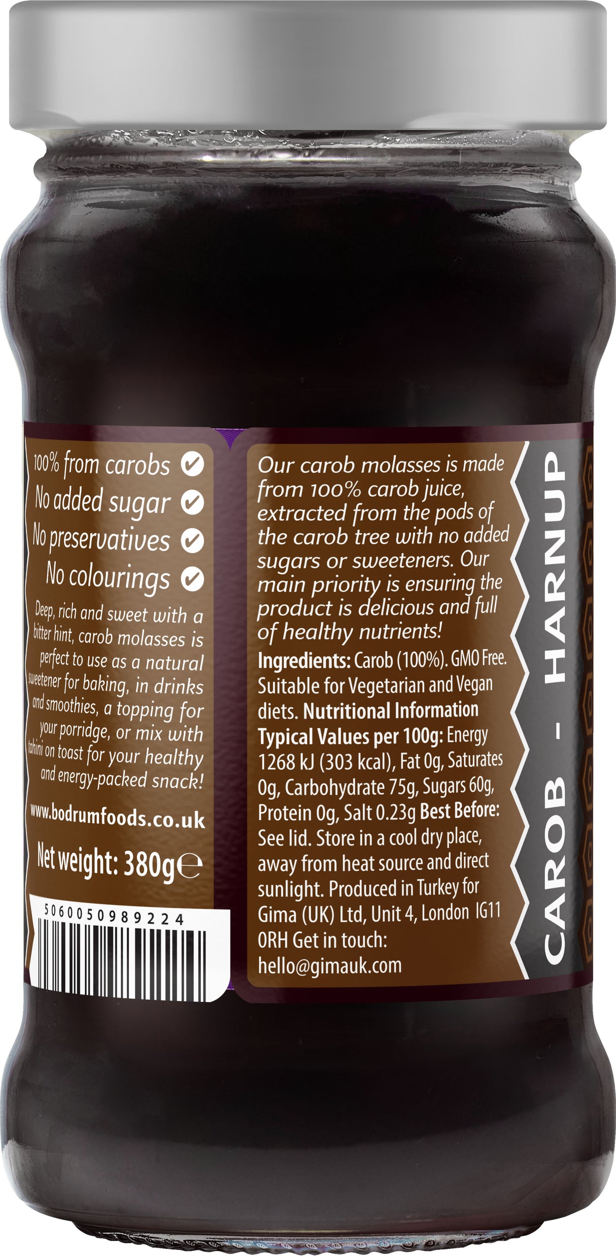 Jar of carob harup with label showing nutritional information and ingredients.