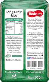 Bodrum long grain rice package with nutritional information and branding details.