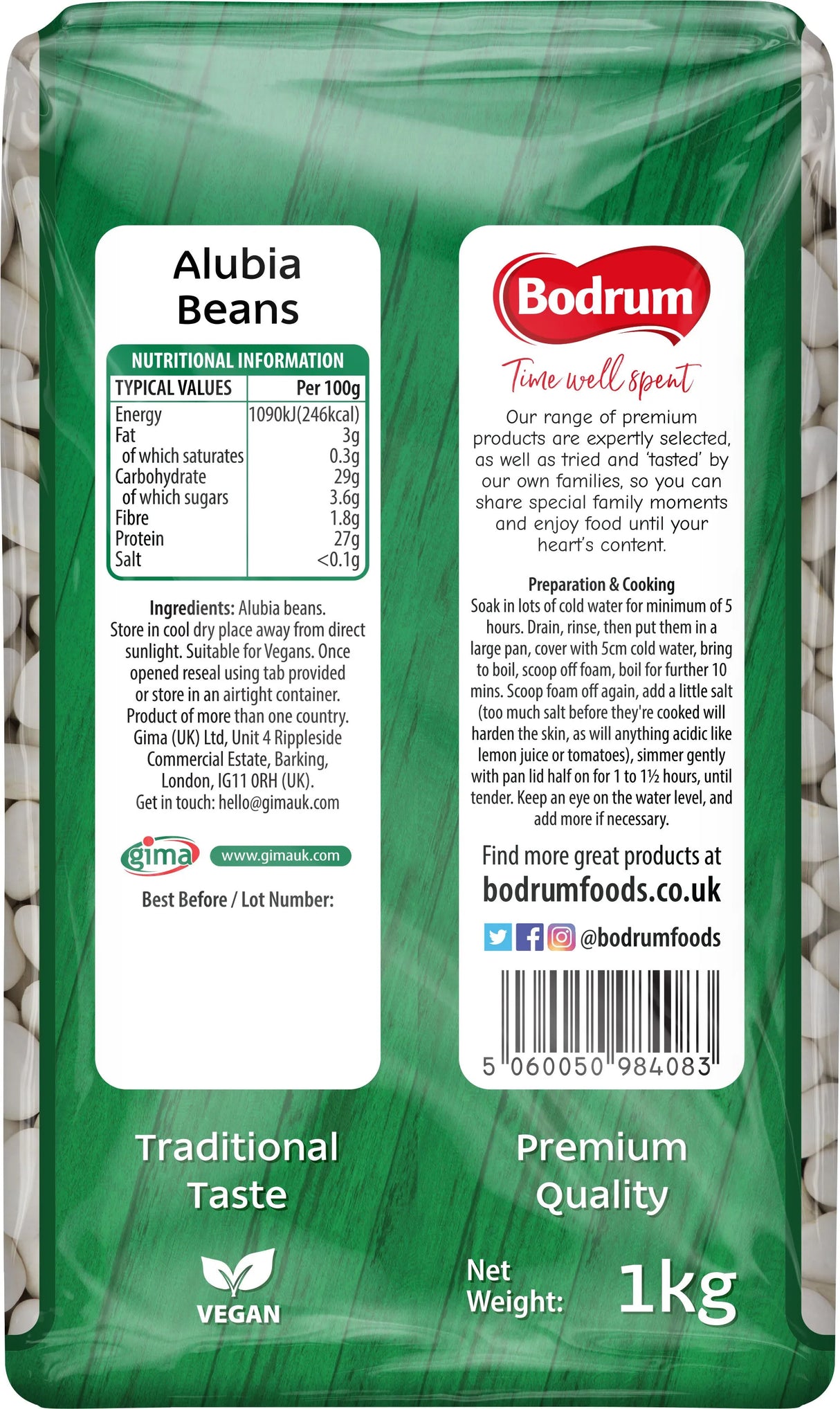 Packaging of Alubia Beans with Bodrum branding on a green background
