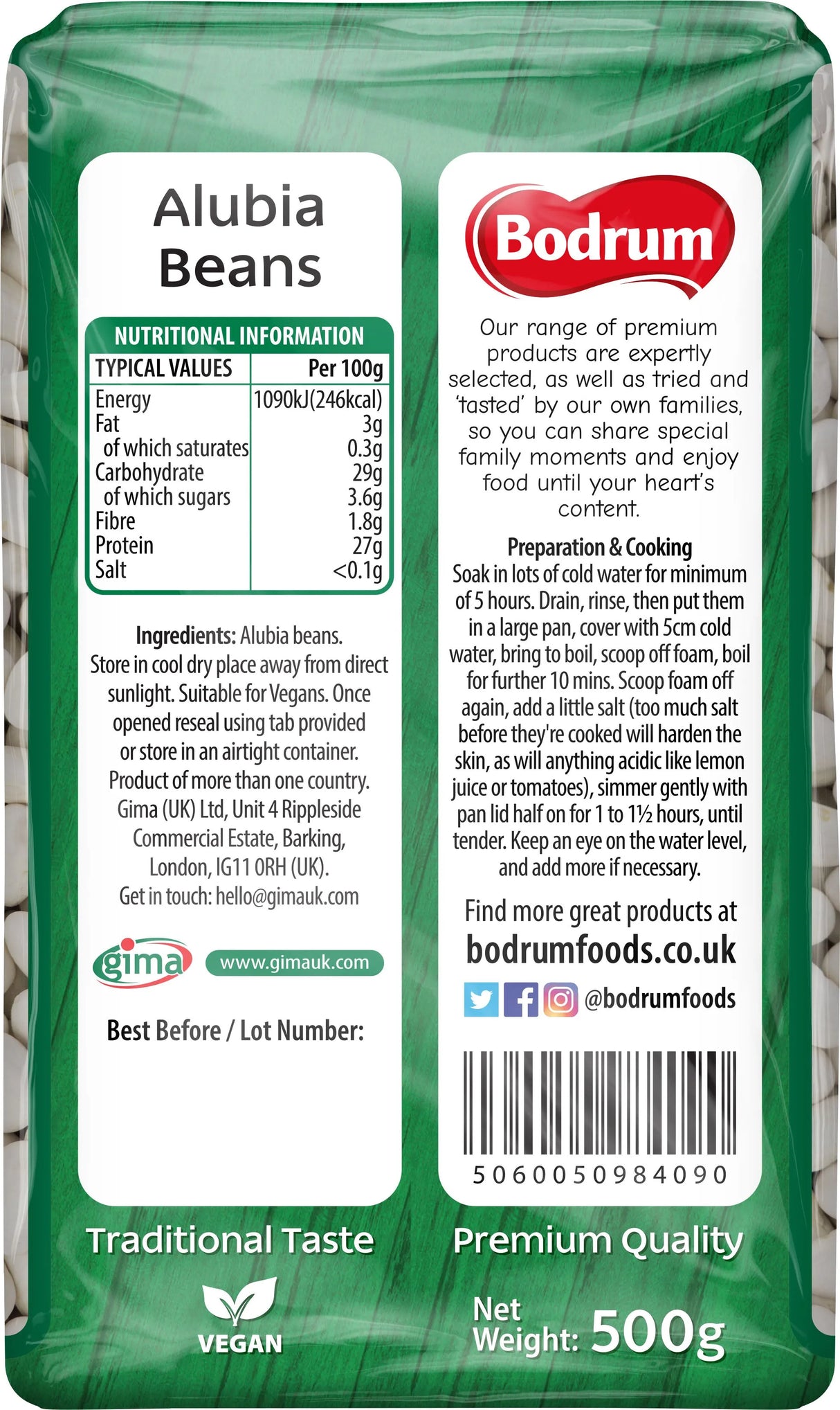 Bodrum Alubia Beans packaging with nutritional information and branding details.