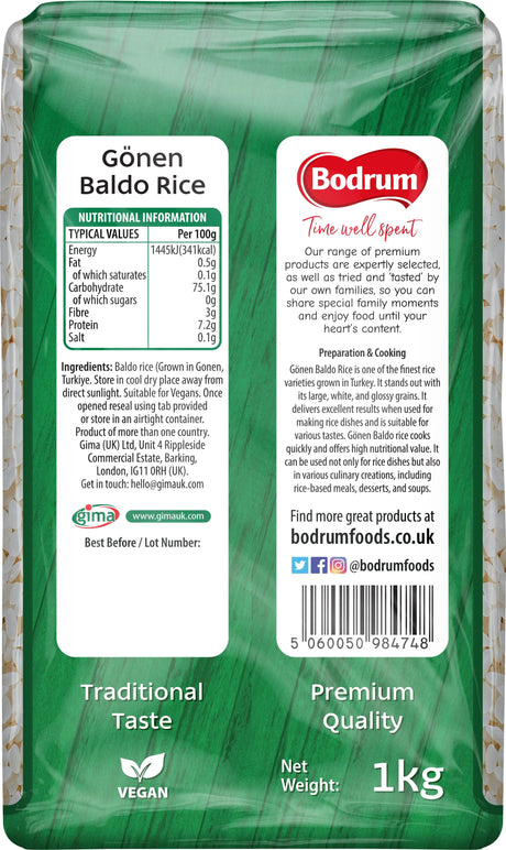 Bodrum Gönen Baldo Rice packaging with nutritional information and branding details.