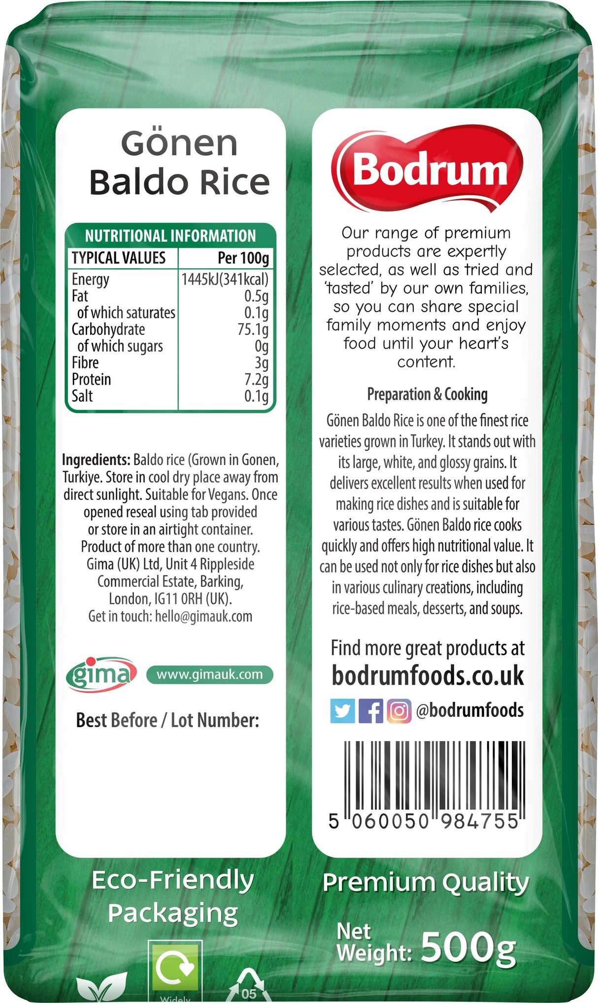 Bodrum Gonen Baldo Rice packaging with nutritional information and branding details.
