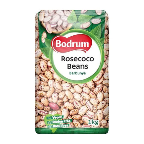 Packaging of Bodrum Rosecoco Beans with green and red design on a white background