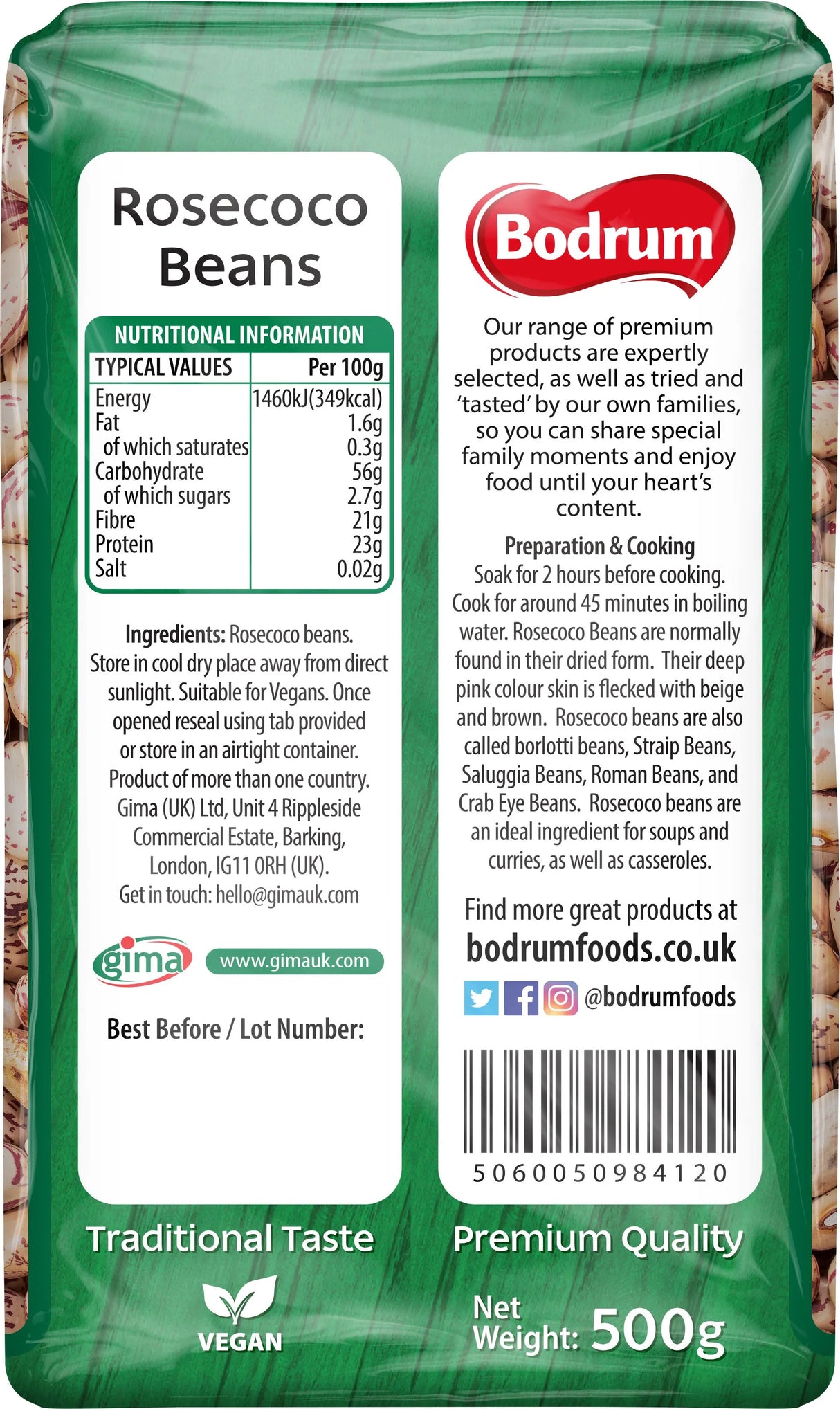 Bodrum Rosecoco Beans packaging with nutritional information and branding details.