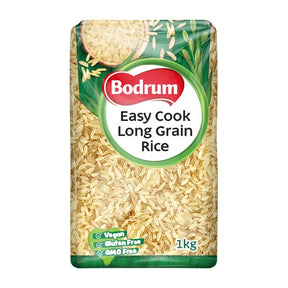 Packaging of Bodrum Easy Cook Long Grain Rice on a white background