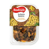 Packaged Sultana Raisins with Bodrum brand label on a wooden background