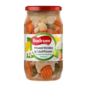 Jar of mixed pickles and cauliflower with Bodrum label on a white background