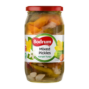 Jar of Bodrum mixed pickles on a white background