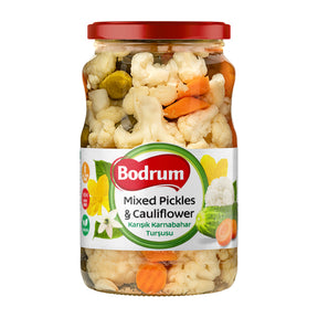 Jar of mixed pickles and cauliflower with Bodrum label on a white background