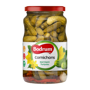 Jar of Bodrum Cornichons on a white background