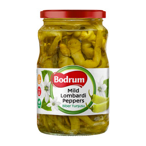 Jar of Bodrum Mild Lombardi Peppers on a white background