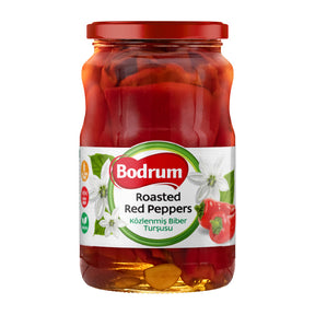Jar of Bodrum roasted red peppers on a white background
