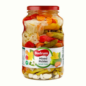 Jar of Bodrum mixed pickles on a white background