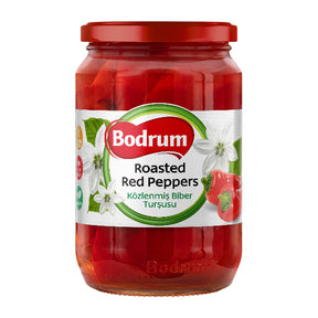 Jar of Bodrum roasted red peppers on a white background