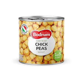Can of Bodrum chick peas on a white background