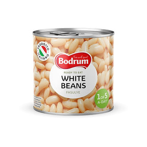 Can of Bodrum white beans on a white background