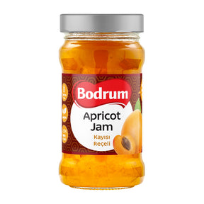 Jar of Bodrum Apricot Jam on a white background